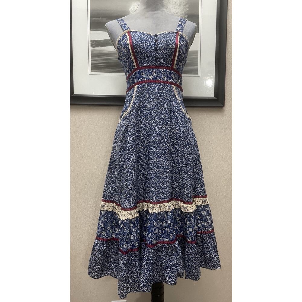 Gunne Sax by Jessica McClintock prairie midi dress blue and white calico MINT - Picture 1 of 16